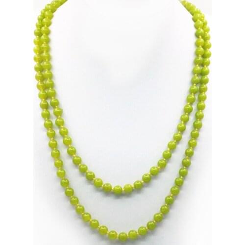 Natural Stone Peridot Jades Long Chain Necklace for Women 8mm Round Beads Necklaces Olive Green Chalcedony Jewelry 36inch A450
