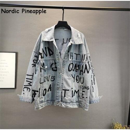 Denim jacket womens 2020 spring and autumn clothing new loose large size embroidered letters worn plus size denim jacket