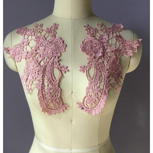 1 Pair 6 Colors Ivory Pink Royal Blue Purple Red Venise Flower Lace Applique Trims Wedding Dress Sewing DIY Lace Motif 28*16.5cm