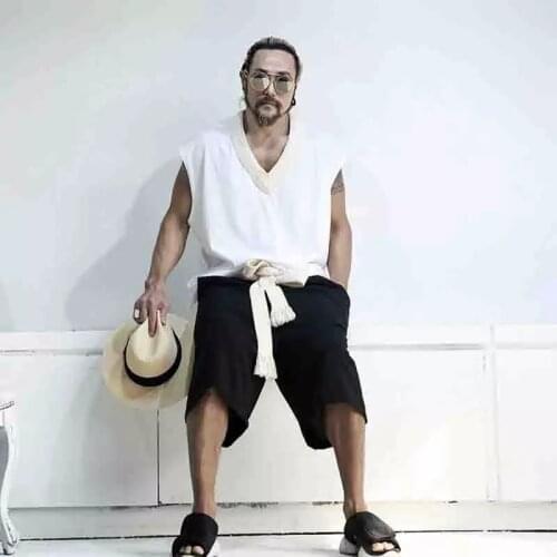 Mens new aodell cotton V-neck loose trend sleeveless T-shirt color contrast with summer youth thin cool