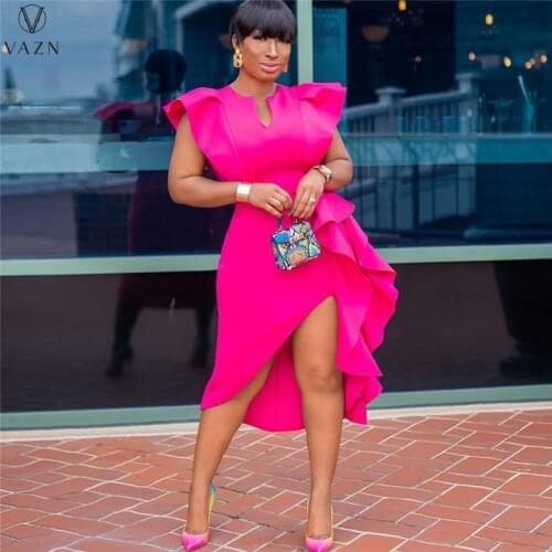 VAZN 2021 New Asymmetrical Long Dress Plus Size High-end Young Sexy Sweet Solid Short Sleeve High Waist Women Midi Dress