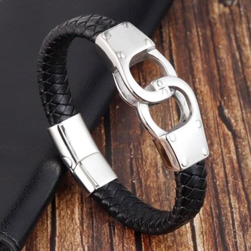 LAMEMDEE Stainless Steel Charm Magnetic Black Men Bracelet New Fashion Leather Genuine Braided Punk Rock Bangles Jewelry Gift
