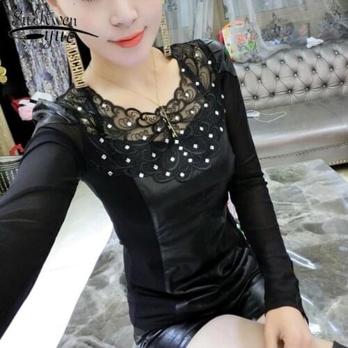 Fall/Winter 2021 Fashion Embroidered Diamond PU Skin Splicing Mesh Backing Shirt women long sleeve shirts women blouses 7844 50