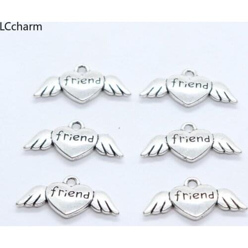 24pcs Tibetan Silver Letters friend Angel Heart Wings Charms Pendants 12x17mm Crafts Jewelry Making Findings
