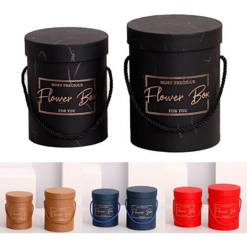 Portable Round Flower Boxes Paper Lid Hug Bucket Florist Gift Packaging Box Gift Candy Boxes Party Valentines Day Wedding Decor