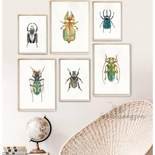 Nordic Art Beetles Prints Posters Sets Watercolour Insects Picture Wall Colorful Bugs Canvas Painting For Living room Home Decor