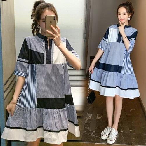 Casual Maternity Dresses Nursing Breastfeeding Clothes Summer Striped Contrast Color Pregnant Women Nursing Tops Dress O-neck