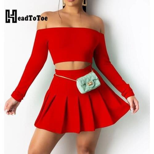 Solid Pleated Sweet Young Style Two Piece Set Women Full Sleeve Slash Neck Navel Pleated Skirt 2 Piece Set Women