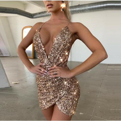 Women Backless Sleeveless Sequin Glitter Bodycon Mini Dress Evening Party Fashion Club Sexy V-neck Wrap Dress
