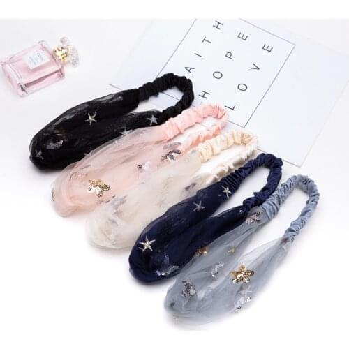 Thin Section Mesh Sequins Stars Wide Side Cross Hair Band Women Headbands Vintage Cross Knot Elastic Hair Accessories