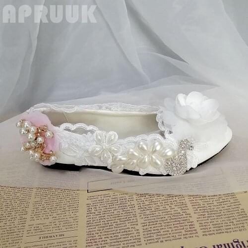 White pink flower pearls wedding bridal flats shoes woman handmade plus size 41 42 female ladies girl bridesmaid party shoes