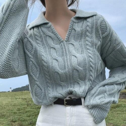 Women Retro Sweater Pullovers Autumn Casual Solid Turn-down Collar Knitted Tops Korean Loose Long Sleeve Soft Jersey Mujer