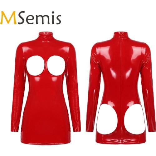 Ladies Womens Wetlook Sexy Leather Dress Breast Open Cup Sissy Bodycon Lingerie Exotic Costume Zipper Mini Dress Sexy Clubwear