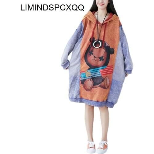 2021 Fashion Womens Streetwear Warm Sweatshirts Casual Cartoon Print Oversized Harajuku Hoodies Splicing Cotton Distressed Tops