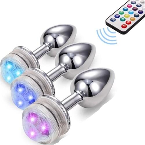 2 Size Metal Anal Plug Remote Control LED Base Sex Prostate Massage Smooth Butt Plug Anal Sex Toys Adult Products Plug for Women