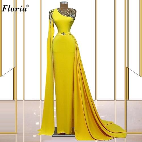 Middle East Yellow Prom Dresses For Women 2021 One Shoulder Cocktail Party Dresses With Crystals Evening Gowns вечерние платья