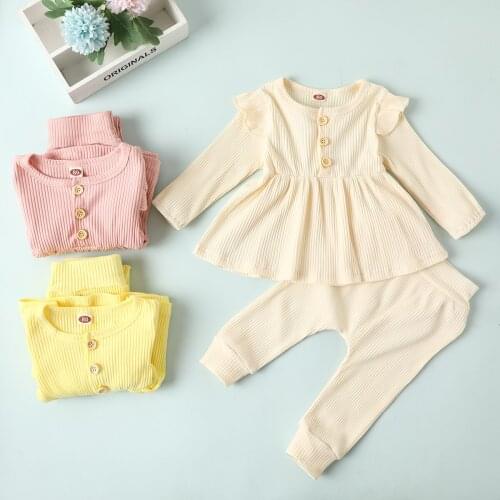 Toddler Cotton 2Pcs Set Infant Kids Baby Girls Clothes Ruffle Ribbed Long-Sleeves Ruffles Button Tops+Pants Infant Outfits