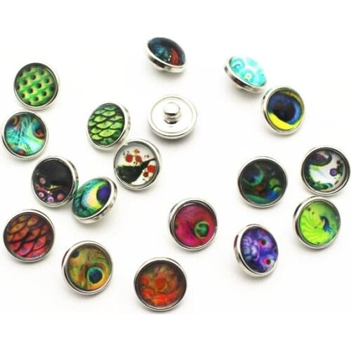 Hot selling 20pcs/lot peacock feathers 12mm Glass Snap Buttons Fit DIY Snap Bracelet Snap Button Charms Jewelry