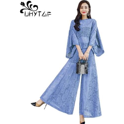 UHYTGF 2 piece set women summer clothes for women Fashion lace hollow wide-leg pants thin two piece set women plus size suit1440
