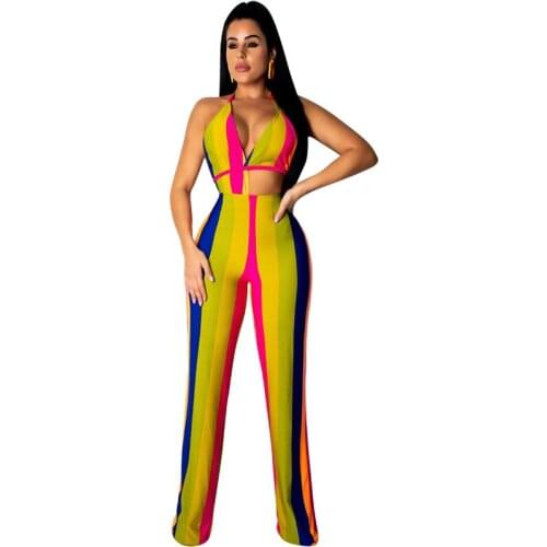 Summer Backless Stripe Jumpsuits Women Sexy Party Clubwear Jumpsuit Sleeveless Open Back Loose Wide Leg Overalls Jumpsuits 2020