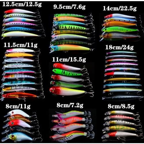 LINGYUE 58pcs/lot Fishing bait Artificial Set Mixed Quality Lifelike 9 Models Fishing Lures 58 Different Colors Fishing Wobblers