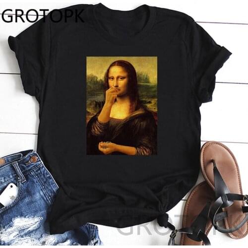 Spoof Mona Lisa Fashion T Shirts Funny Women T-Shirts Short Sleeve T Shirts Summer Tee Shirts Hip Pop Tops Tees