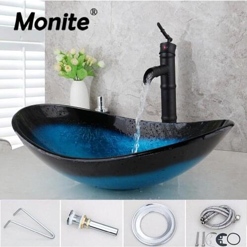 Monite Blue Bathroom Unit Cloakroom Wash Basin Sink Bowl & ORB Mixer Faucet tap Tempered Glass Basin Sink Faucet Tap