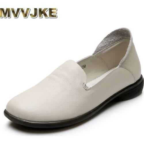 MVVJKE New Comfortable Flat heel Shoes Woman Genuine leather Loafers White Round head Casual Womens shoes