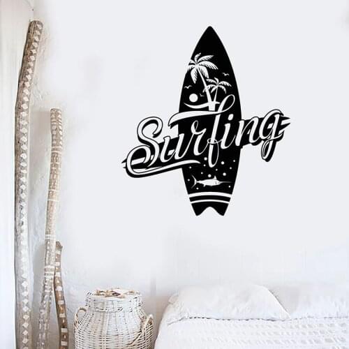 Surfing Wall Decal Surf Club Surfboard Logo Signboard Vinyl Window Sticker Palm Tree Art Interior Decor Extreme Sport Mural C021