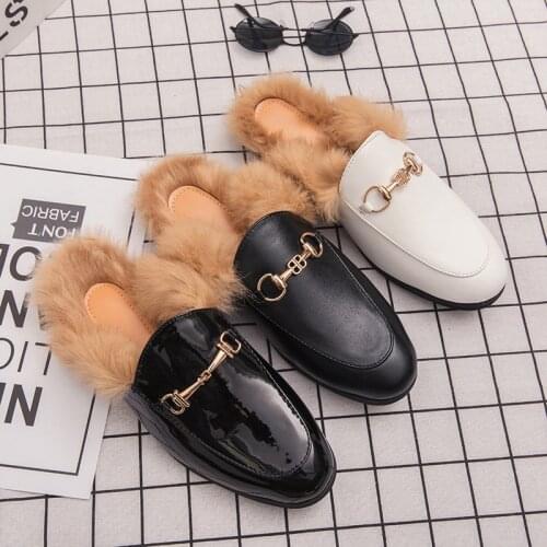 Winter Fur Half Shoes Men Leather Shoes Men Mules Casual Shoes Fashion Half Drag Leather Men Shoes Mocassin Zapatos De Hombre