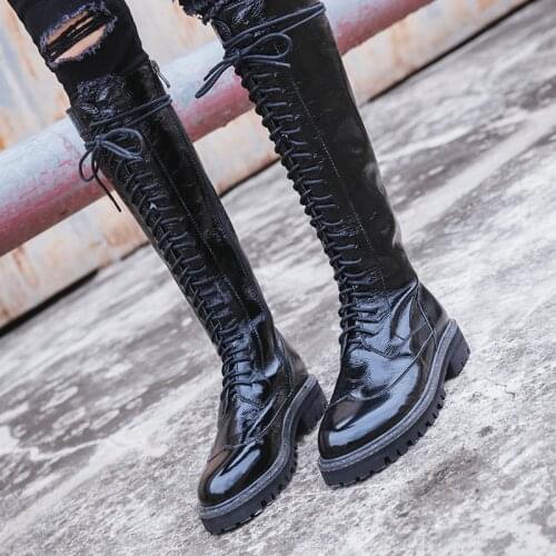 Adult Ladies Genuine Cow Leather Knee-High Lace-Up Knight Knee High Boots Women Low Heels Winter Cross-tied Boots 20180828