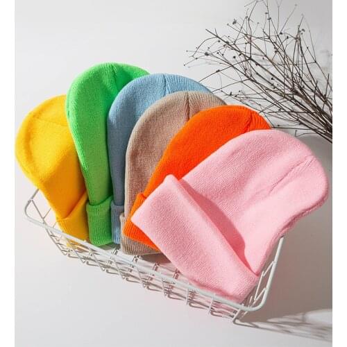 Knitted hats women solid orange yellow black soft foldable winter hats keep warm fashionable classic hip hop hats gorras hombre