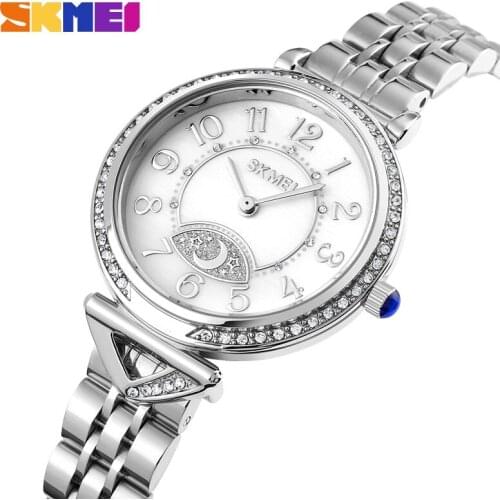 SKMEI Star Moon Dial Design Popular Style Diamond Ladies Wristwatches Elegant Silver Steel Band Women Quartz Watches Reloj Mujer