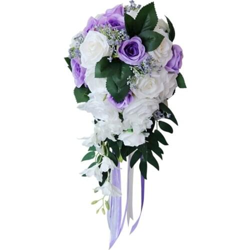 Wedding Bridal Bouquet, Wedding Bride Bouquet, Wedding Holding Bouquet with Artificial Roses Lace Long Ribbon, Church