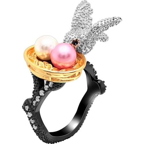 UFOORO Golden Birds Nest Silver Bird Cute Round Bird Eggs Created Black Ring Nutural Style Jewelry For Women Bijoux Anillo Muje