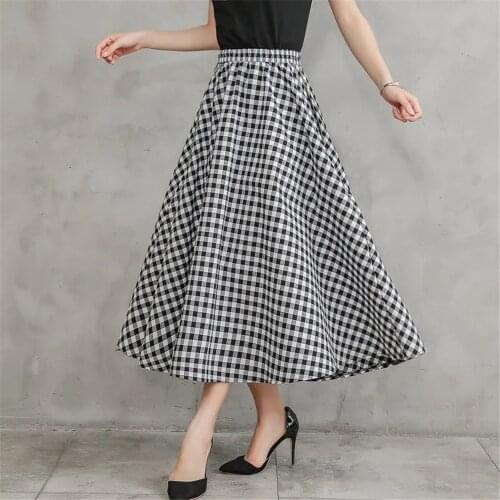 Vintage Cotton And Linen Autumn Long Skirts Women High Waist Pleated Skirt Elegant Office Ladies Wark Plaid Skirt Streetwear
