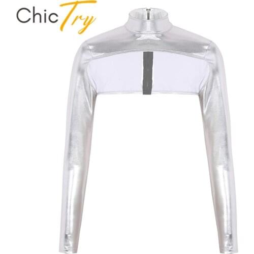 ChicTry Women Shiny Metallic Festival Rave Performance Jazz Dance Costume Long Sleeves High Neck Back Zip Up Shrugs Crop Tops
