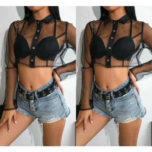 Womens Blouse short Shirts Long Sleeve Blouse Mesh Sheer chiffon See-through Transparent Fashion Plus Size Female Casual Blouse