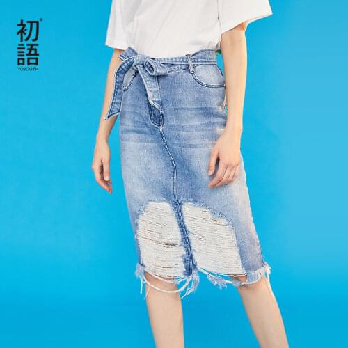 Toyouth Spring Women Skirt Vintage Hole High Waist Belt Striaght Skirt Female Jean Slim Fashion Skirts