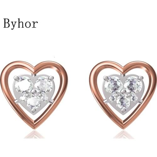 Byhor Solid 14K White/Yellow+White/Rose+White Gold 0.644ct H/SI Natural Diamond Fine Jewelry Wedding Heart Stud Earrings Cерьги