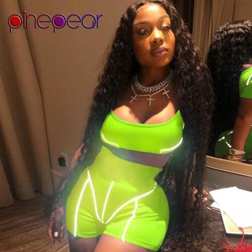 PinePear Reflective Striped Short Sleeve Crop Top + Shorts 2 Piece Outfits for Women Sport Set Fitness Yoga Suit Drop Shipping