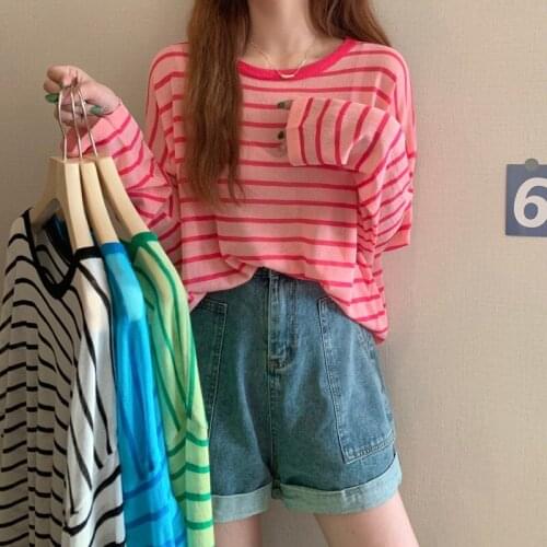 Womens Knitted Pullover Stripe Long Sleeves Loose Sunscreen Spring Autumn Thin Top Wholesale Girls New Fashion Lady Clothing