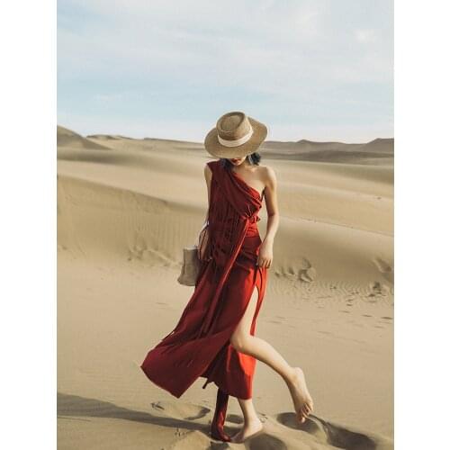 IRINAMS070 Spring Summer 2021 Original Design New Arrivals Women Vintage One Shoulder High Split Tassel Long Dress