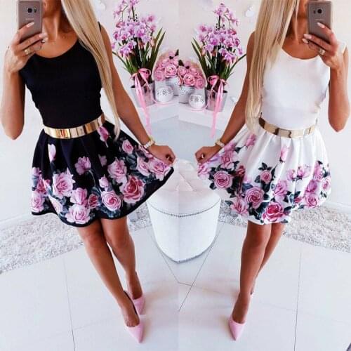 Women Summer Casual Print Mini Dresses 2019 New Summer Women Sleeveless O-Neck High Waist Print Mini Dress