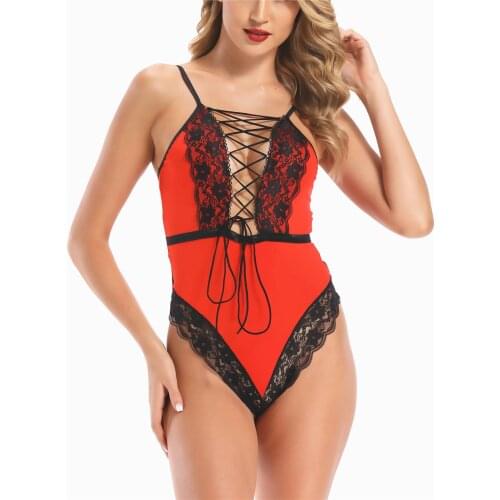 Womens Lingerie Red Backless Sexy Teddy Deep V Neckline Strappy Lace Trim Bodysuit