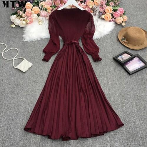 2021 Spring Autumn Solid Women Maxi Dress Ladies NEW Lantern Sleeve High Waist A Line Mesh Dress With Belt