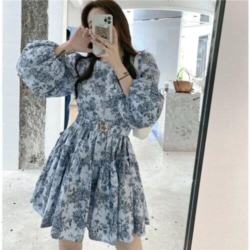 Vintage Palace Floral Pleated Dress Women O-neck High Waist Mini Dress Spring Summer Loose Long Sleeve Puff Sleeve Bing Dress