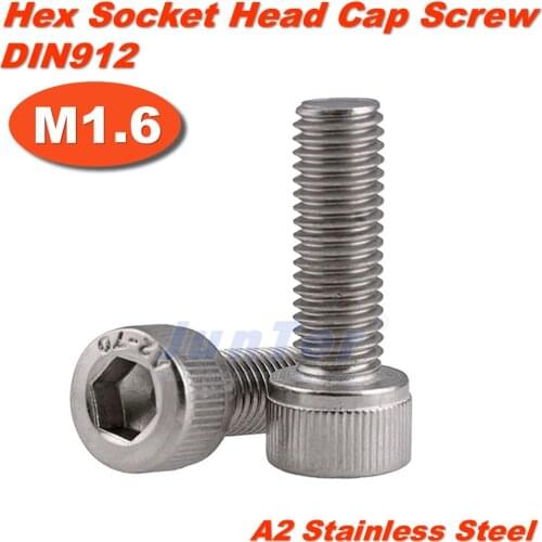 100pcs/lot M1.6(1.6mm) A2 Stainless Steel Allen Blots Hex Socket Head Cap All Thread Screws Metric DIN912