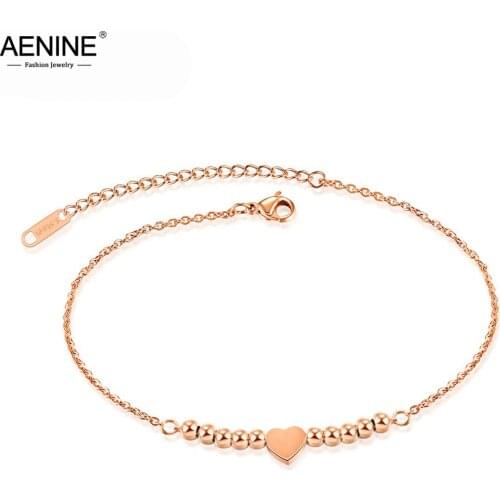 AENINE Lovely Beads Love Heart Women Anklet Titanium Steel Rose Gold Color Chain Anklets Foot Jewelry Christmas Gifts AA19038