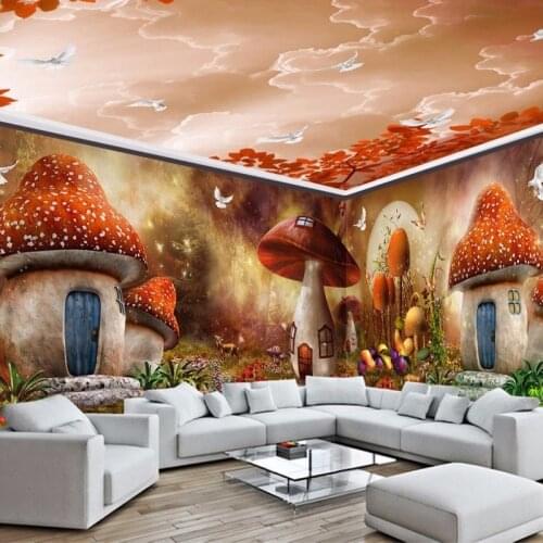 Bacaz Forests Mushroom-house Large Wallpaper Photo Mural for the Whole Room Background Papel Cartoon 3d Wall Mural Wall paper